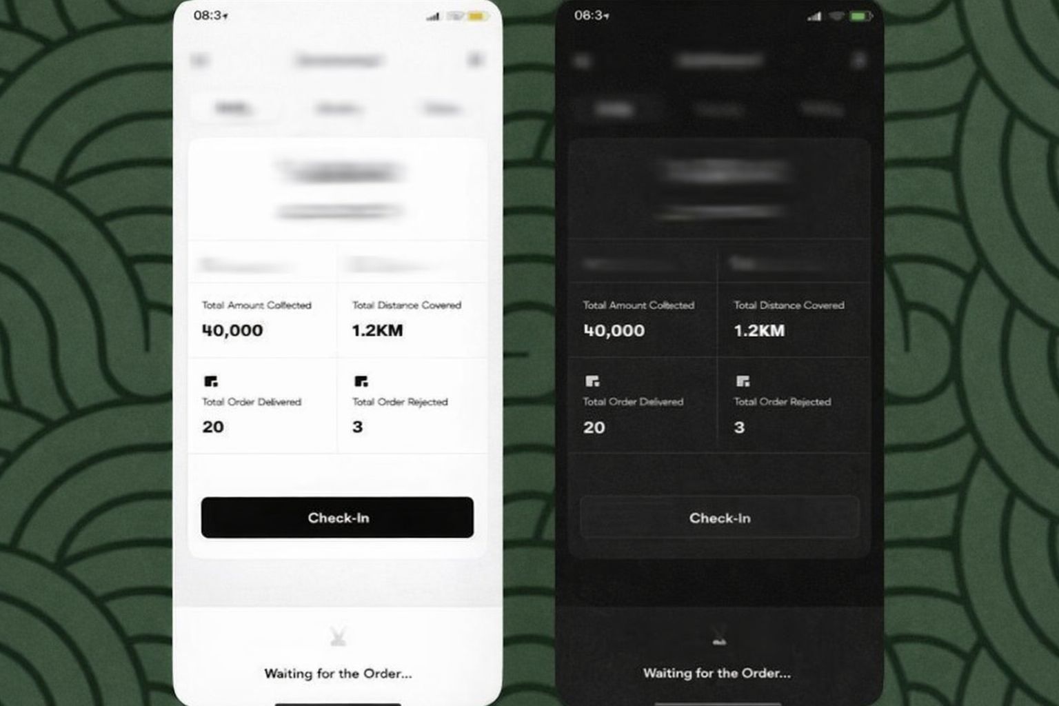 Två mobilskärmar med en logistikapp som visar insamlade belopp, körd distans och orderstatus.