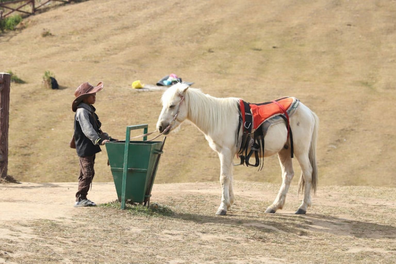 Ung person i cowboyhatt vid en häst med sadel i ett torrt landskap.